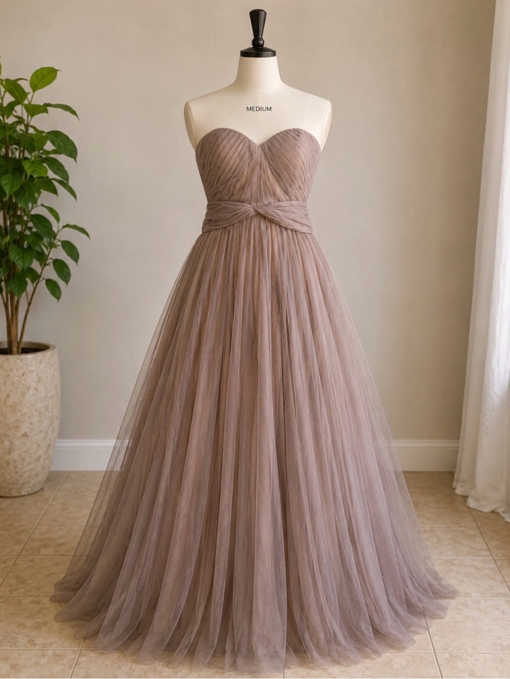Birdy Grey Strapless Tulle Gown in Mauve/Taupe